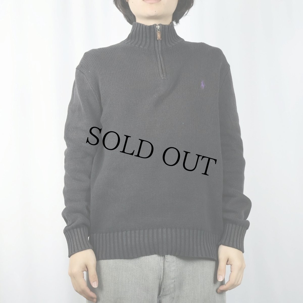 画像2: POLO Ralph Lauren ロゴ刺繍 ハーフジップコットンニットセーター BLACK M (2)