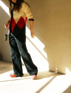 画像1: 【SALE】 50's JCPenney sportica ITALY製 ウール×モヘア×ナイロン ダイヤ柄 ハンドニットカーディガン L (1)