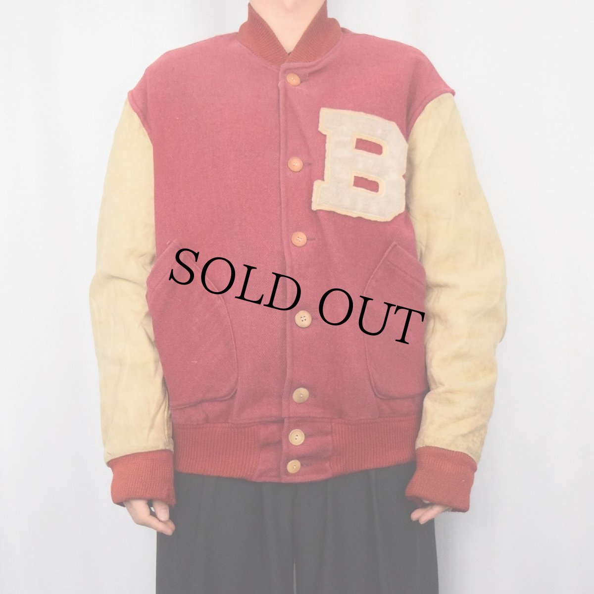 画像2: 40〜50's RETZ SPORTING GOODS Co. レザー×メルトンウール ボタンスタジャン SIZE46 (2)