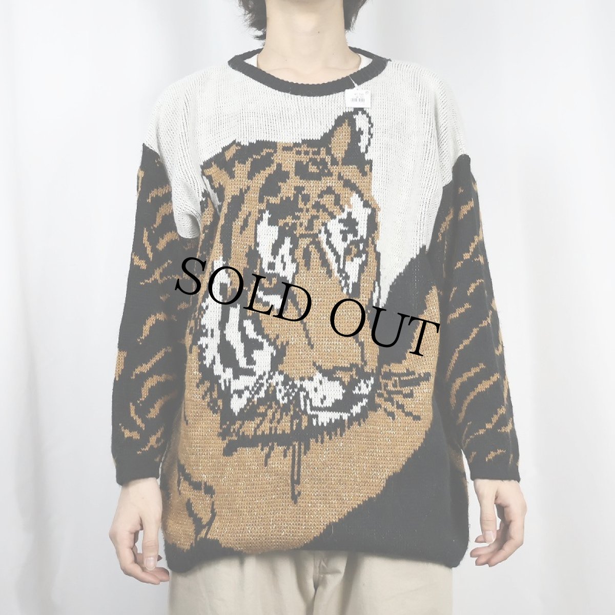 画像2: 90's Precious Knit USA製 トラ柄 ジャガードニットセーター ONESIZE (2)