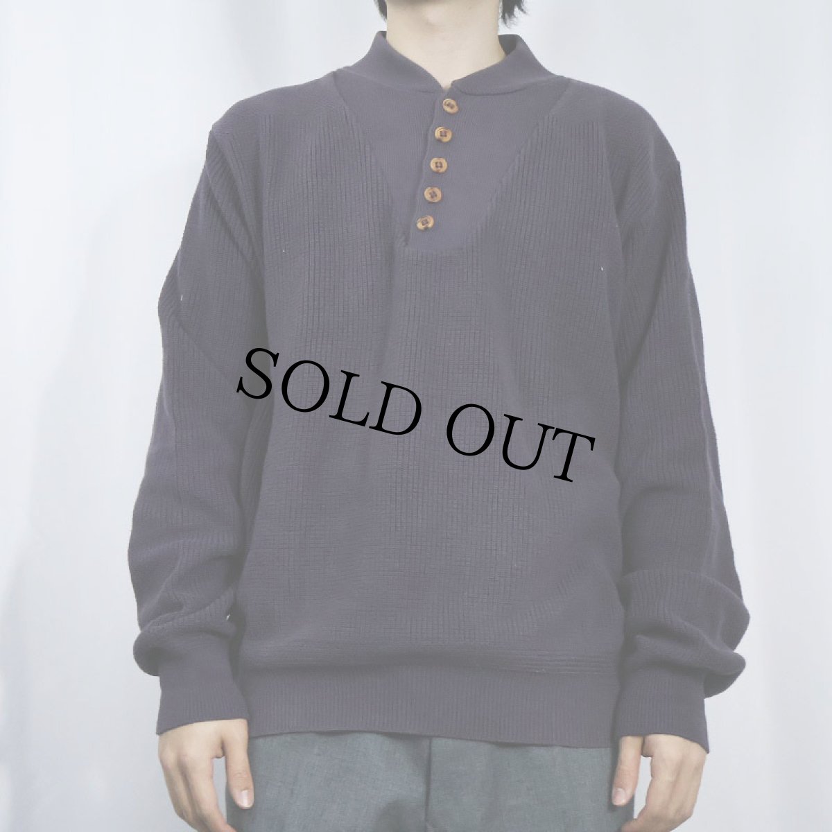 画像2: 90's LANDS'END USA製 ヘンリーネック コットンニットセーター NAVY L (2)