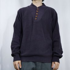 画像2: 90's LANDS'END USA製 ヘンリーネック コットンニットセーター NAVY L (2)