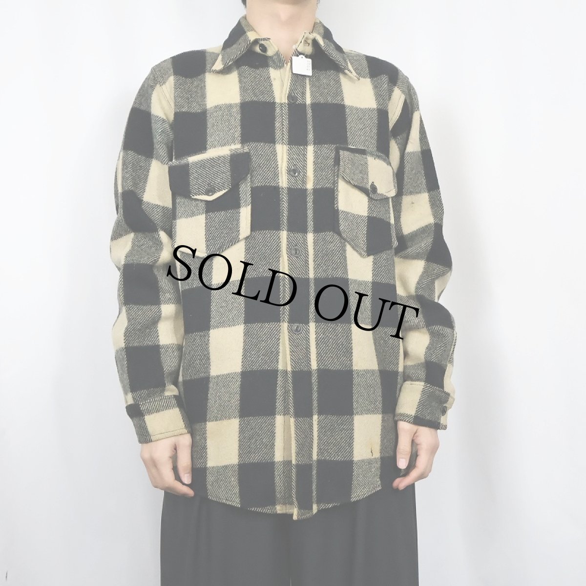 画像2: 50's CHIPPEWA ブロックチェック柄 猫目ボタン ウールシャツ (2)