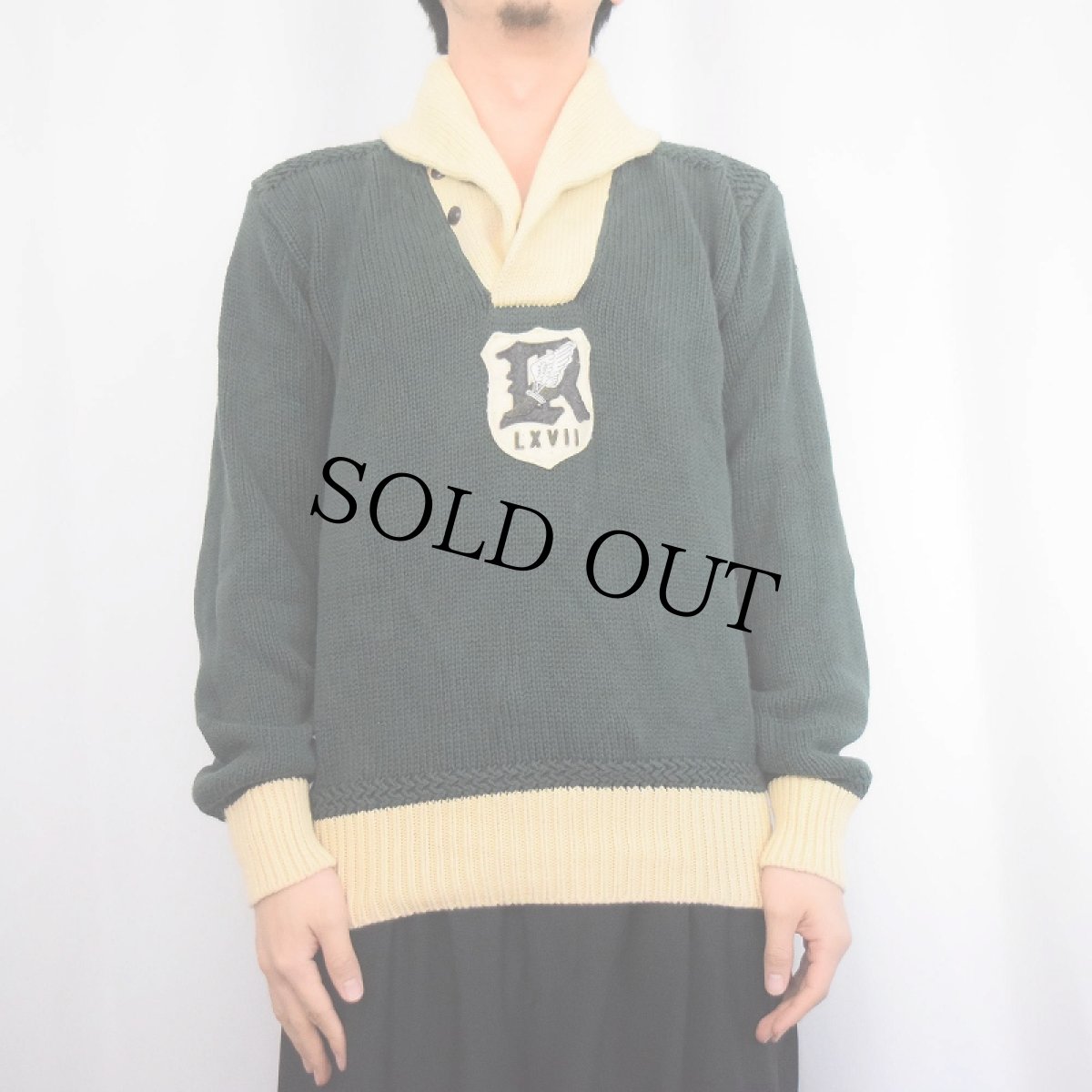 画像2: POLO Ralph Lauren ウィングフット パッチ付き ショールカラーコットンニットセーター GREEN M (2)