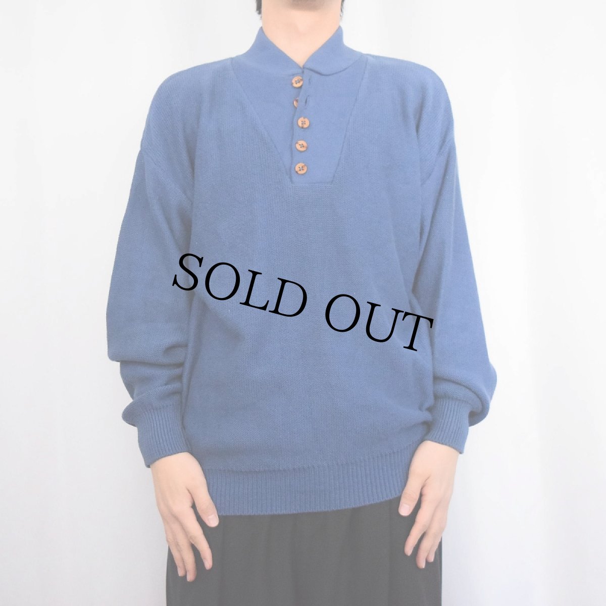 画像2: 90's LANDS'END USA製 ヘンリーネック コットンニットセーター M (2)