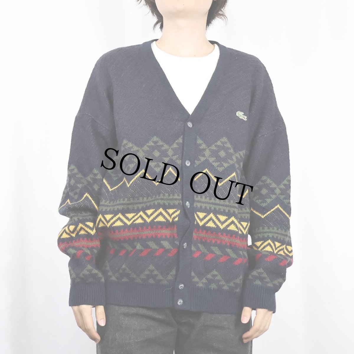 画像2: 90's LACOSTE FRANCE製 ネイティブ柄 ウールニットカーディガン NAVY SIZE 5 (2)