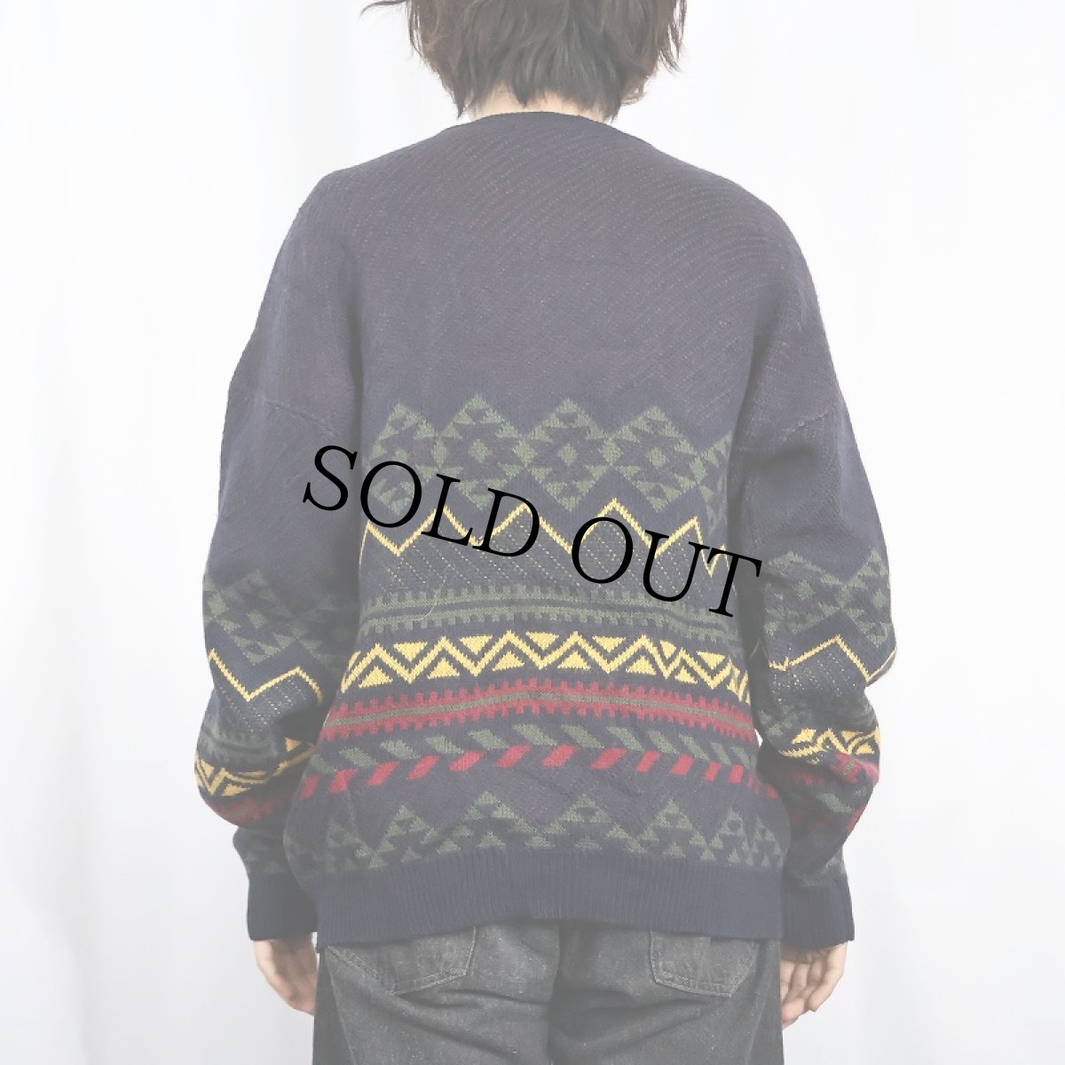 画像3: 90's LACOSTE FRANCE製 ネイティブ柄 ウールニットカーディガン NAVY SIZE 5 (3)