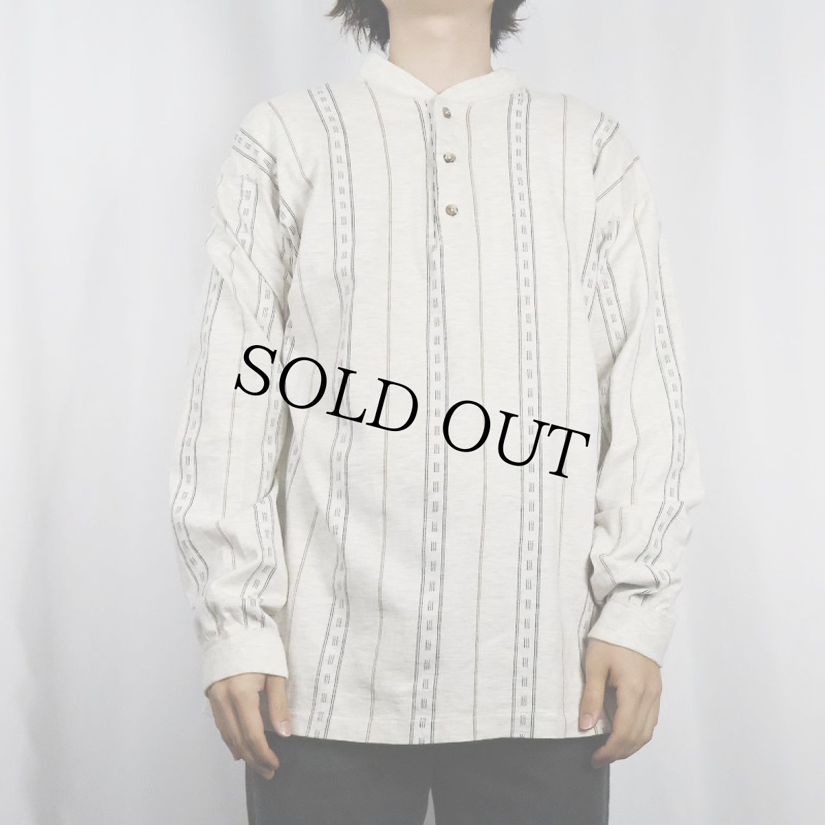 画像2: 80's Eddie Bauer USA製 ストライプ柄 ヘンリーネックロンT L (2)