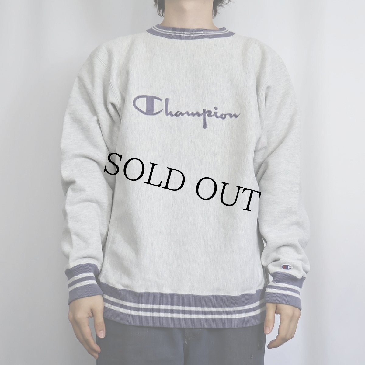 画像2: 90's Champion REVERSE WEAVE USA製 ロゴ刺繍 ボーダーリブスウェット L (2)