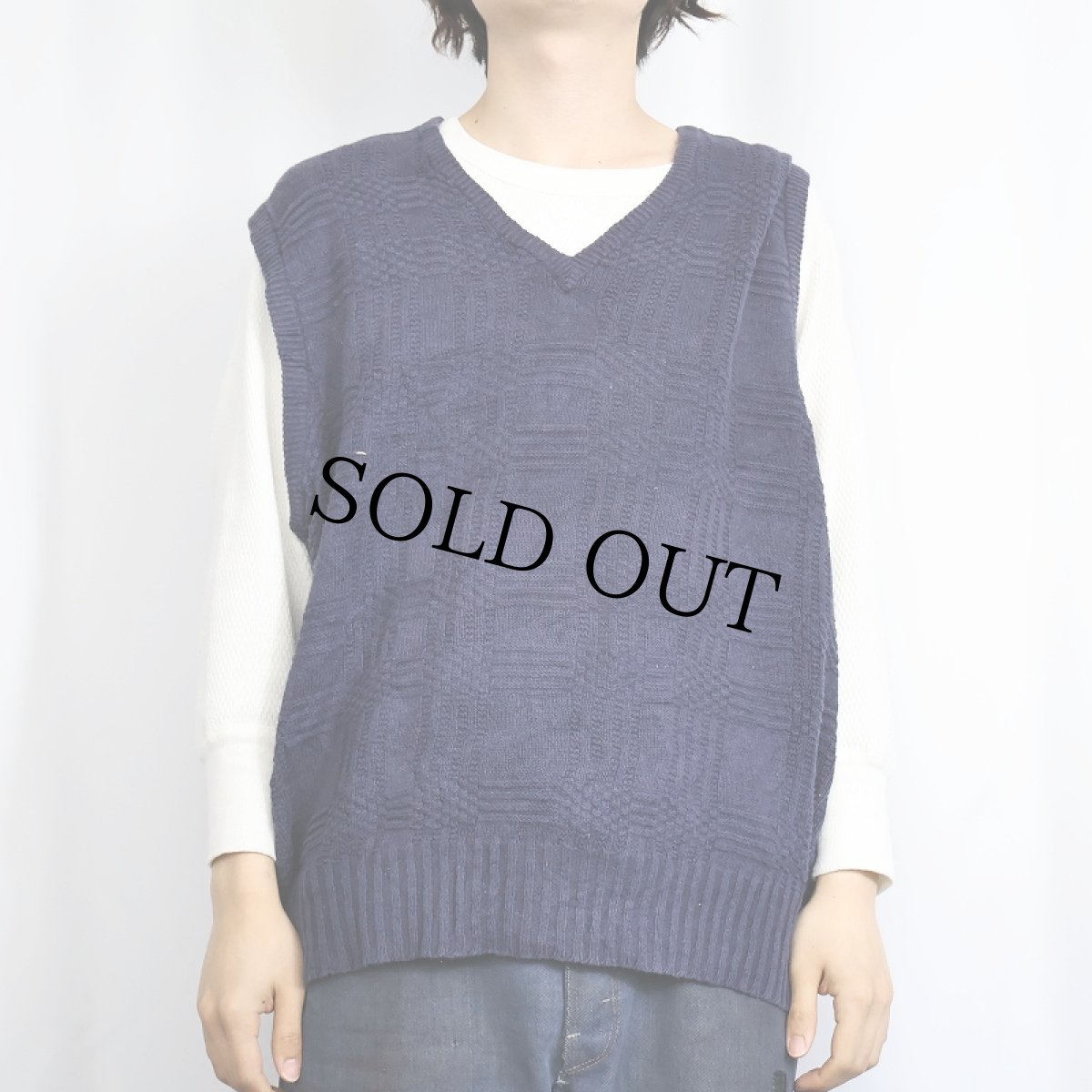 画像2: POLO Ralph Lauren コットン×リネン 柄編みニットベスト NAVY L (2)