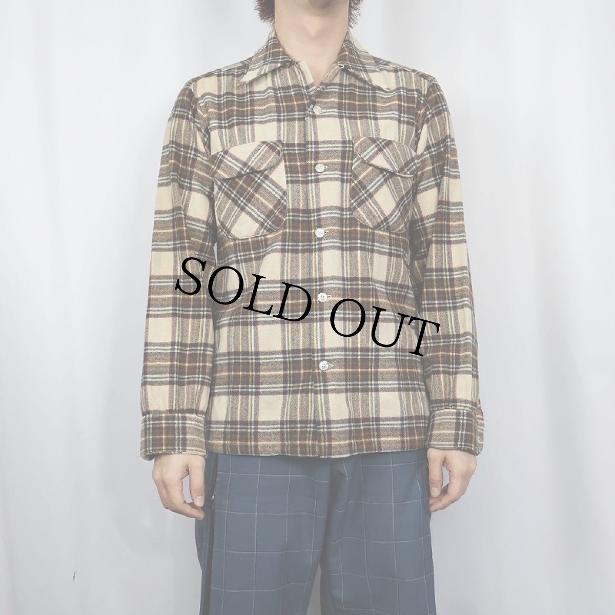 画像2: 70's PENDLETON USA製 チェック柄 ウールオープンカラーシャツ S (2)