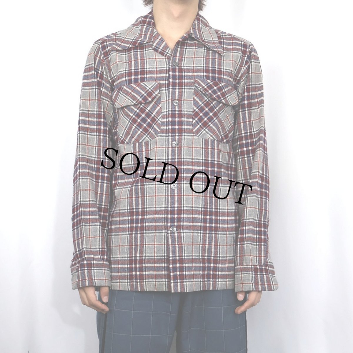 画像2: 70's PENDLETON USA製 チェック柄 ウールオープンカラーシャツ S (2)
