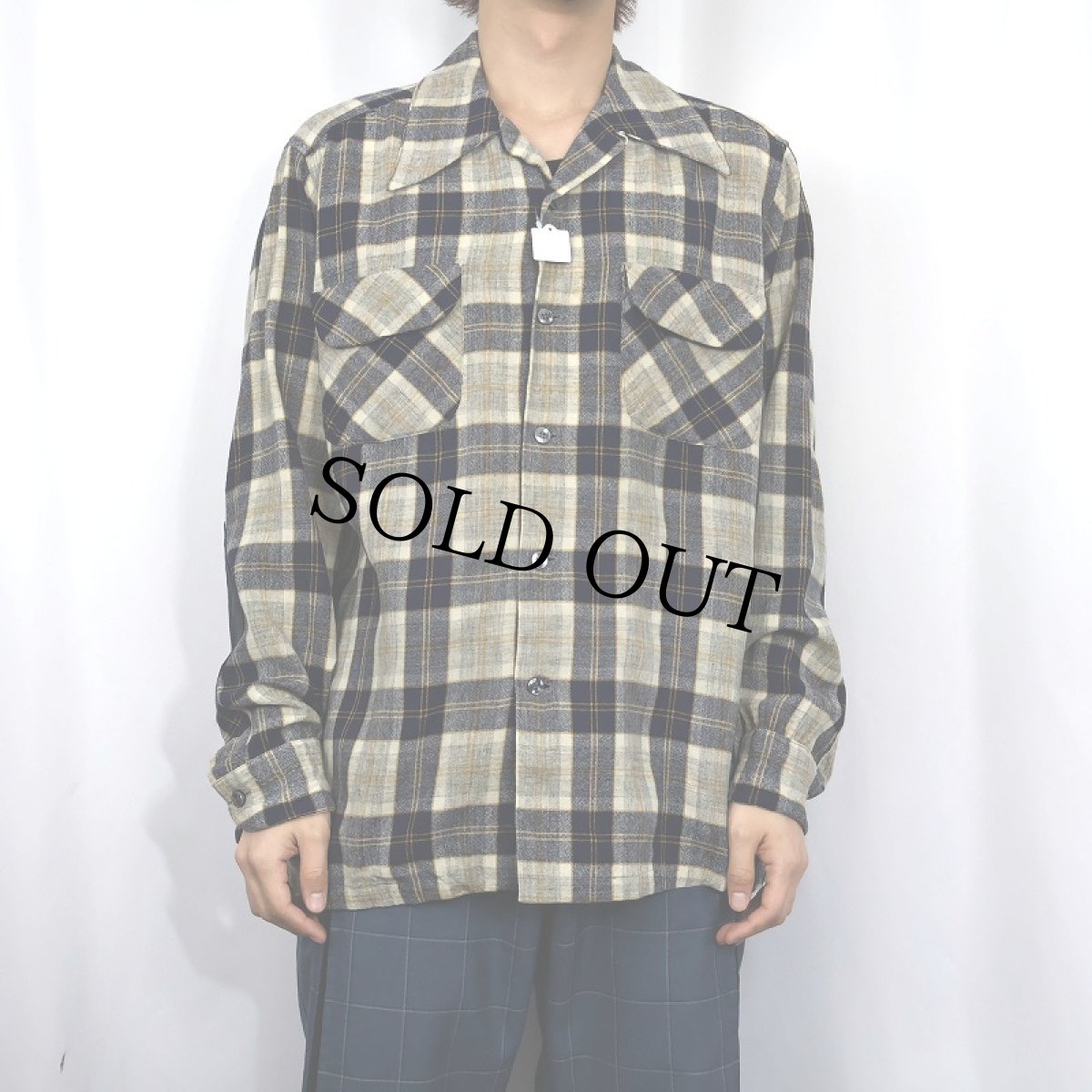 画像2: 70's PENDLETON USA製 チェック柄 エルボーパッチ付き ウールオープンカラーシャツ L (2)