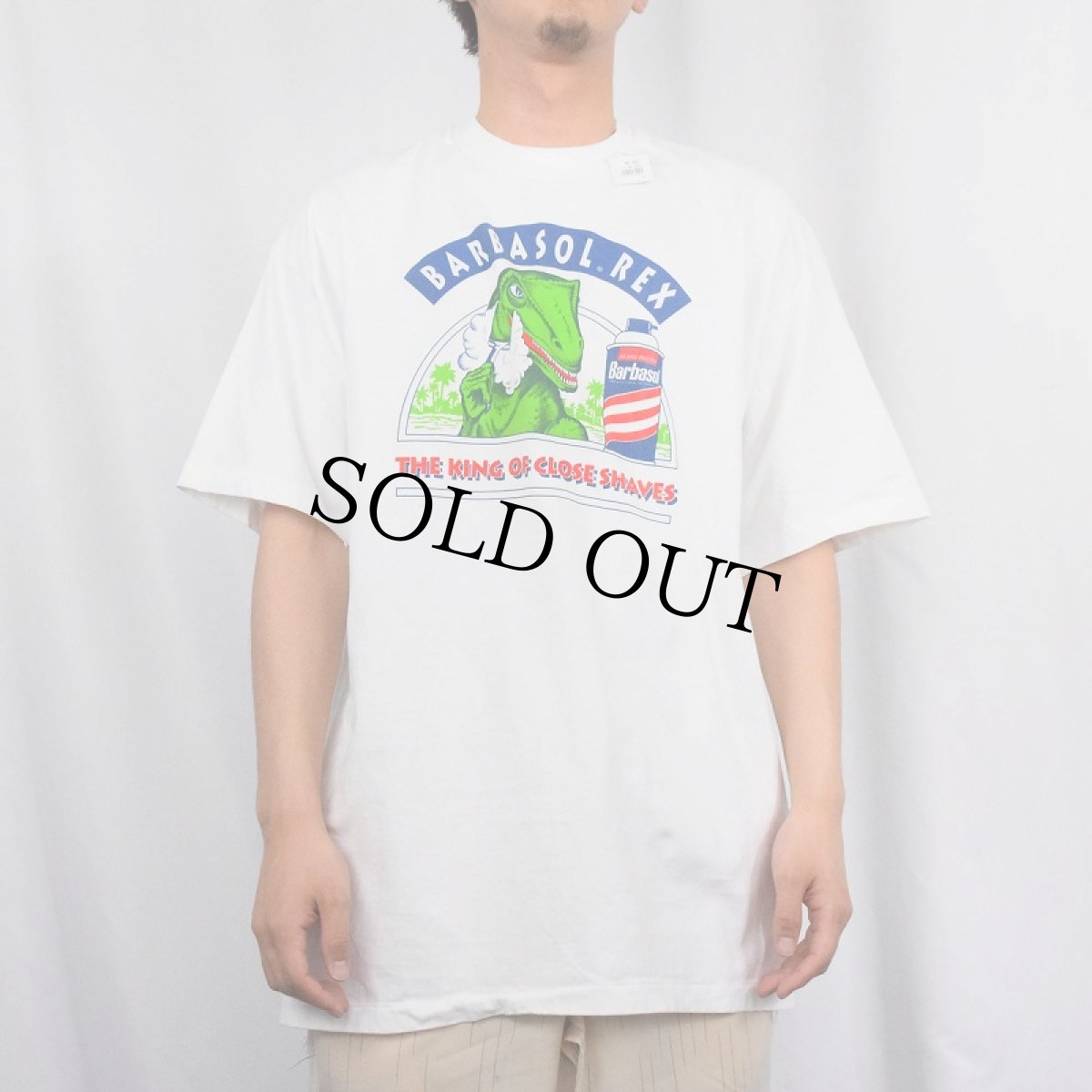 画像2: 90's BARBASOL REX USA製 恐竜プリント シェービングクリームメーカーTシャツ XL (2)