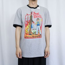 画像2: Steven Rhodes "Deal with the Devil" イラストプリントリンガーTシャツ L (2)