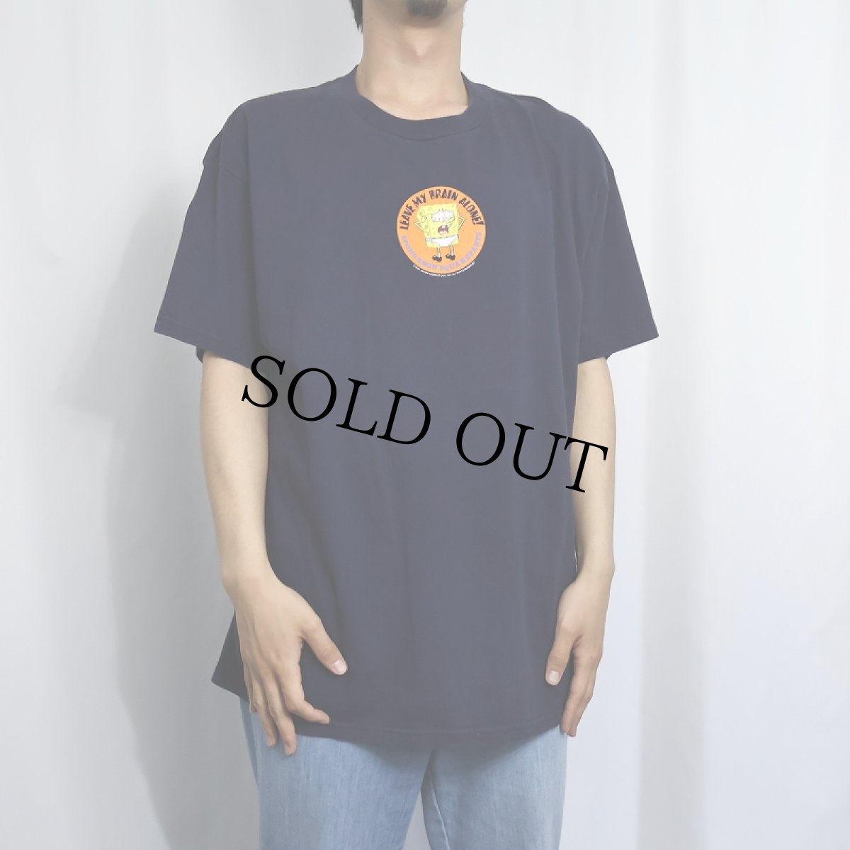 画像2: 2000's SPONGE BOB "LEAVE MY BRAIN ALONE!" キャラクタープリントTシャツ NAVY XL (2)