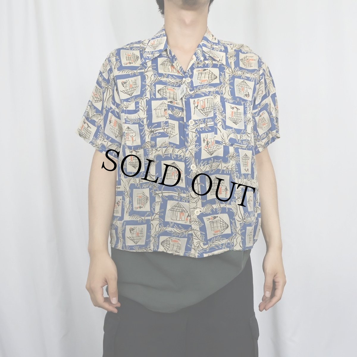 画像2: 40's TOPFLIGHT オールオーバーパターン レーヨンアロハシャツ M (2)