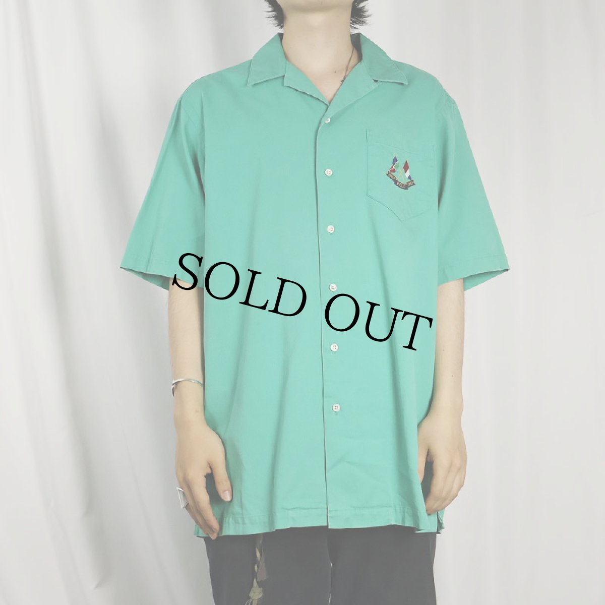 画像2: 【SALE】 90's POLO Ralph Lauren フラッグ刺繍 コットンオープンカラーシャツ M (2)