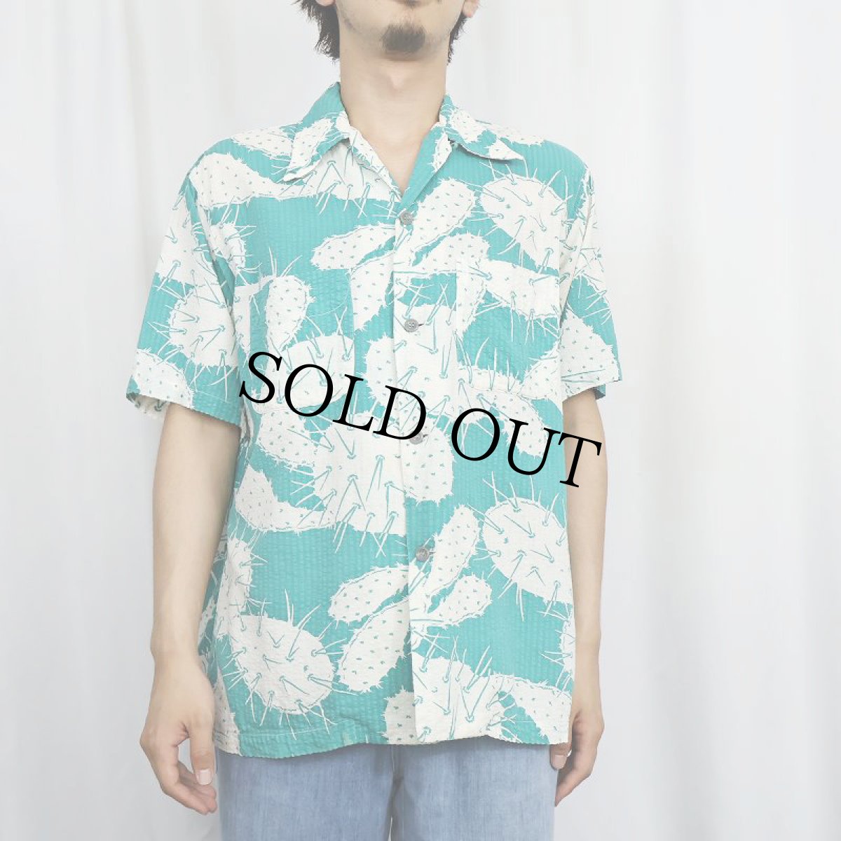 画像3: 50's サボテン柄 オールオーバーパターン コットンシアサッカーアロハシャツ (3)