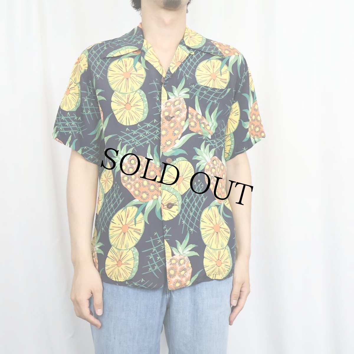 画像3: 40's Malihini パイナップル柄 オールオーバーパターン レーヨンアロハシャツ NAVY (3)