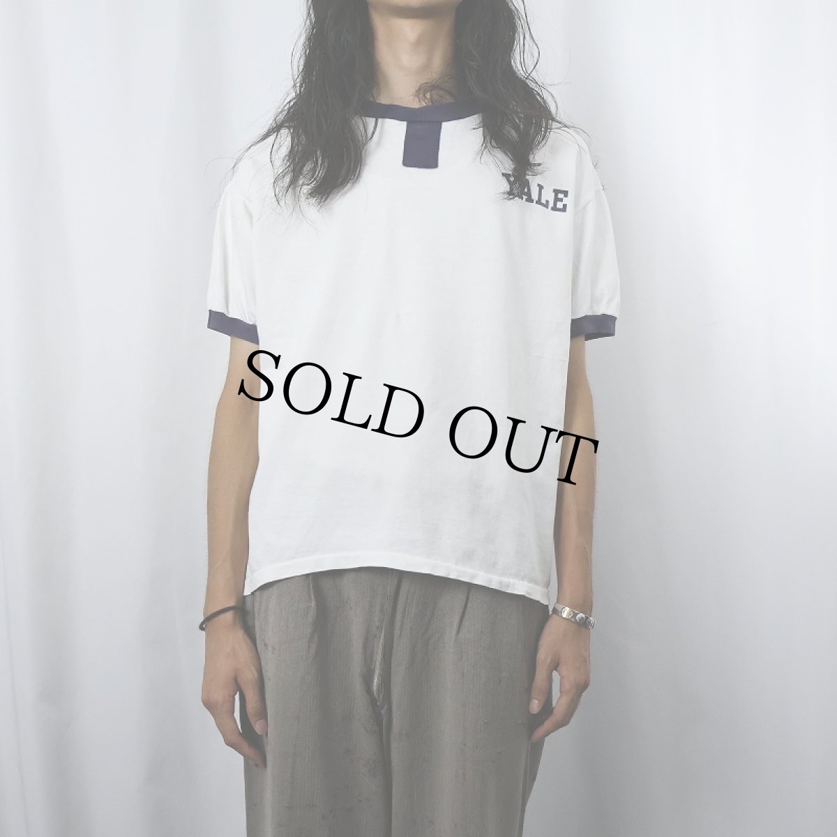 画像2: 90's the cotton exchange USA製 "YALE" チョコチン リンガーTシャツ NAVY L (2)