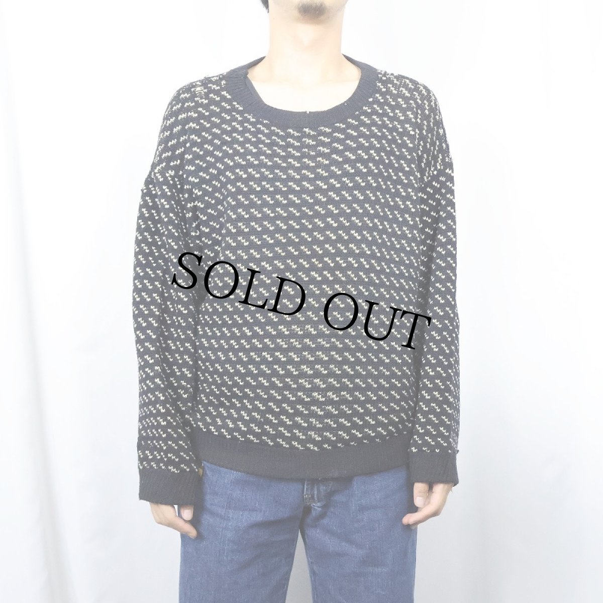 画像2: 60〜70's L.L.Bean 筆記体タグ NORWAY製 バーズアイ柄 ウール×レーヨンニットセーター NAVY M (2)