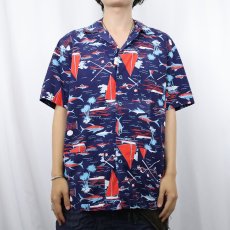 画像2: 60's〜 オールオーバーパターン コットンアロハシャツ NAVY  (2)