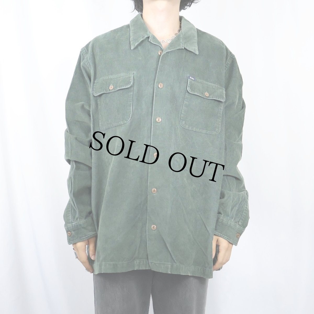 画像2: POLO Ralph Lauren 猫目ボタン コーデュロイオープンカラーシャツ GREEN XXL (2)