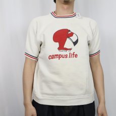 画像2: 60's Champion C中ランタグ "TRAMPLE TO CAMPUS LIFE" 染み込みプリント ボーダーリブ ラグラン半袖スウェット L (2)