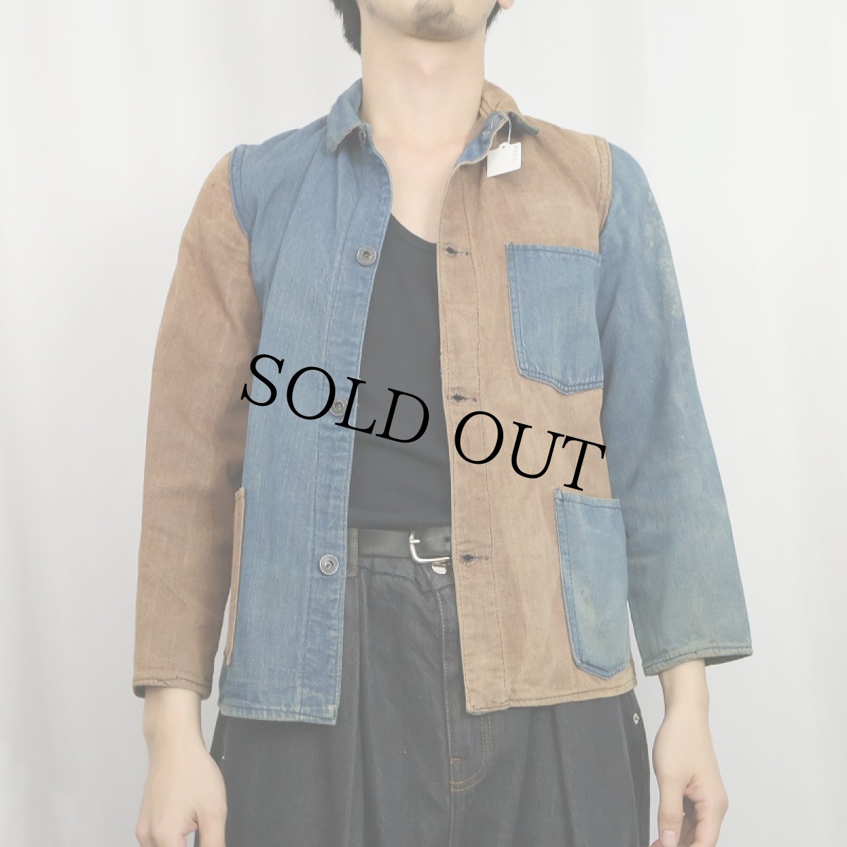 画像3: 〜30's インディゴ×ブラウンデニム クレイジーパターン カバーオール (3)