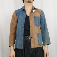 画像3: 〜30's インディゴ×ブラウンデニム クレイジーパターン カバーオール (3)