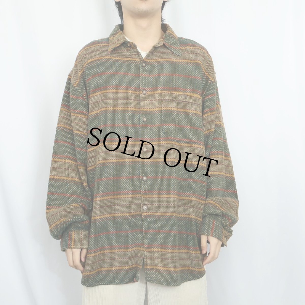画像2: 90's THE TERRITORY AHEAD マルチボーダー柄織り コットンシャツ XL (2)