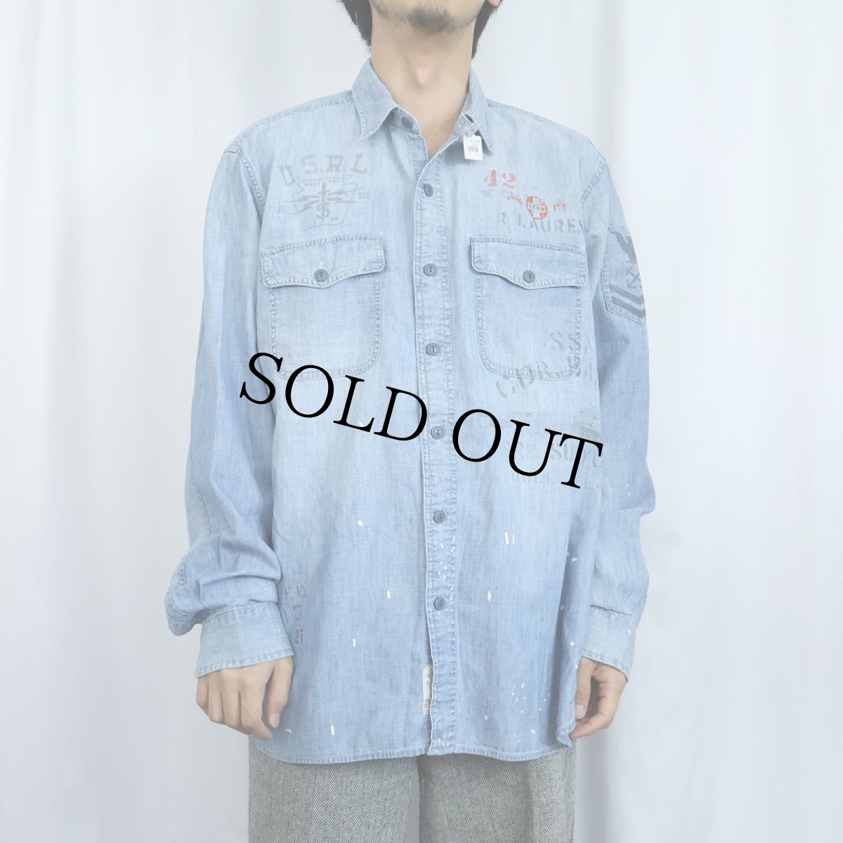 画像2: POLO Ralph Lauren "CLASSIC FIT" ステンシル入り シャンブレーシャツ XL (2)