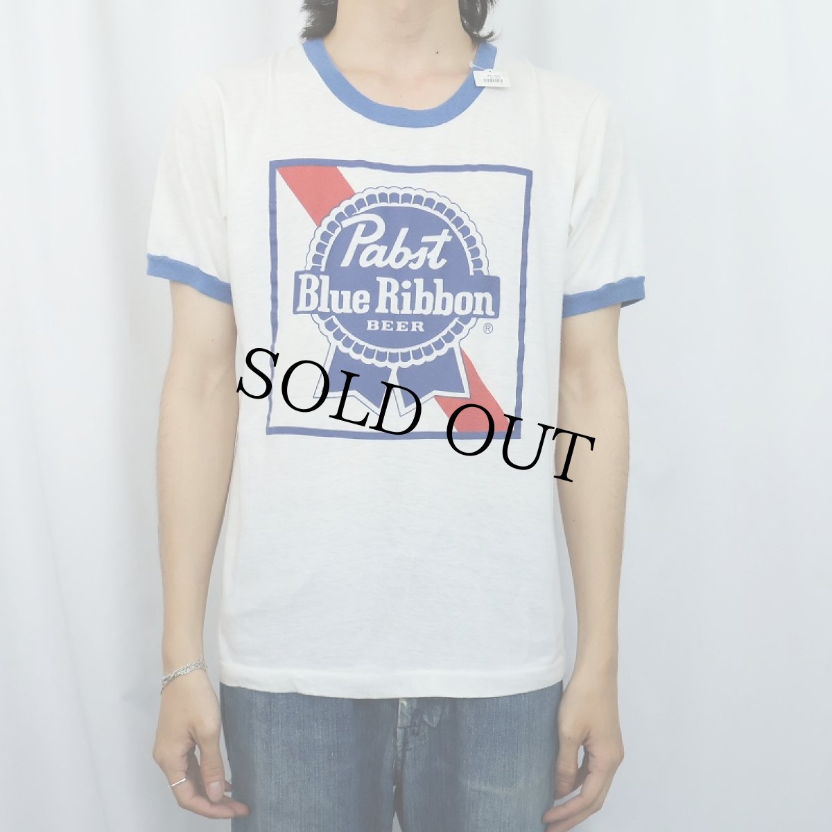 画像2: 80's PABST BLUE RIBBON BEER USA製 ビールメーカー プリントリンガーTシャツ L (2)