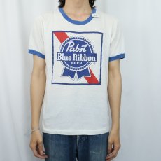 画像2: 80's PABST BLUE RIBBON BEER USA製 ビールメーカー プリントリンガーTシャツ L (2)