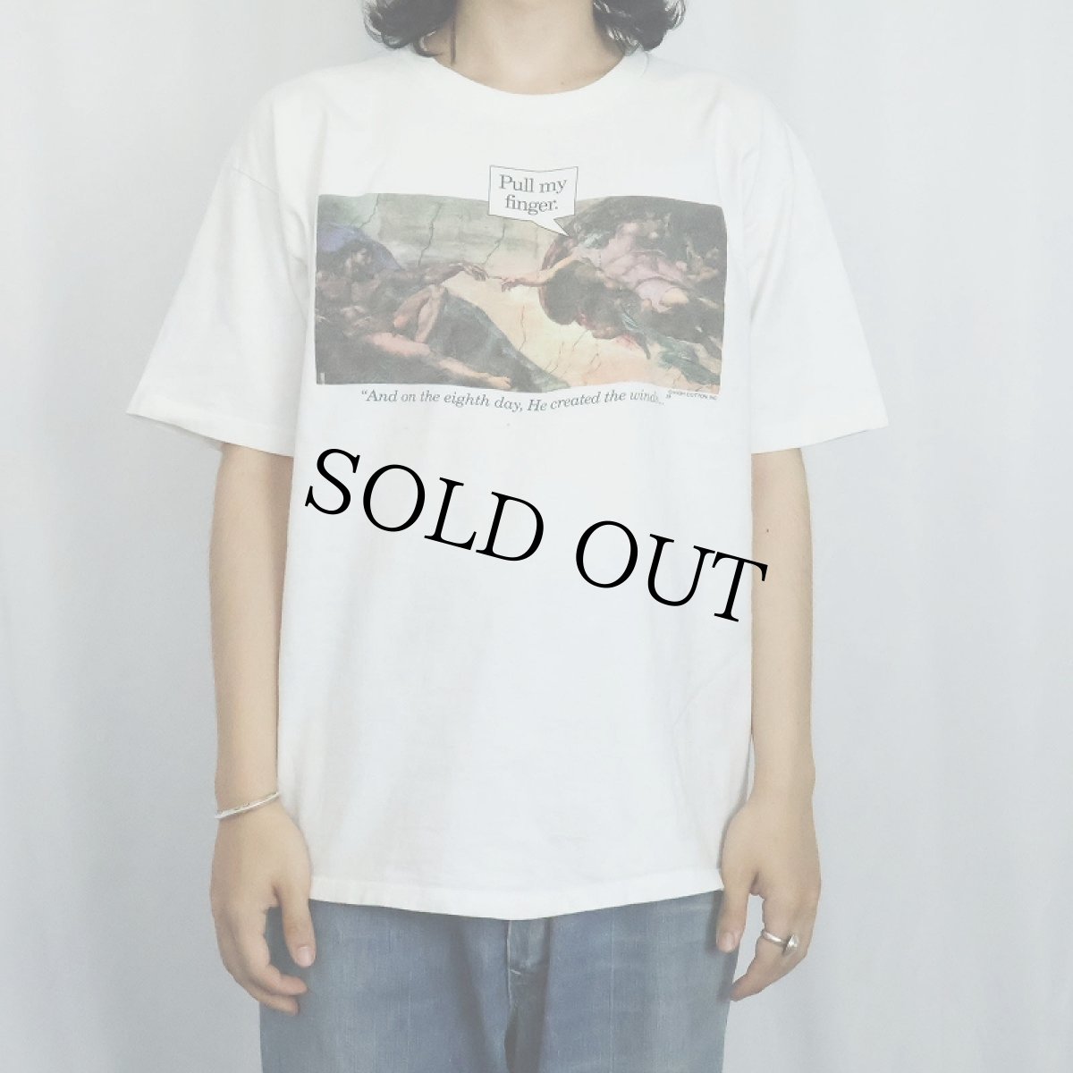 画像2: 90's Michelangelo アダムの創造 "Pull my finger." パロディプリントTシャツ (2)