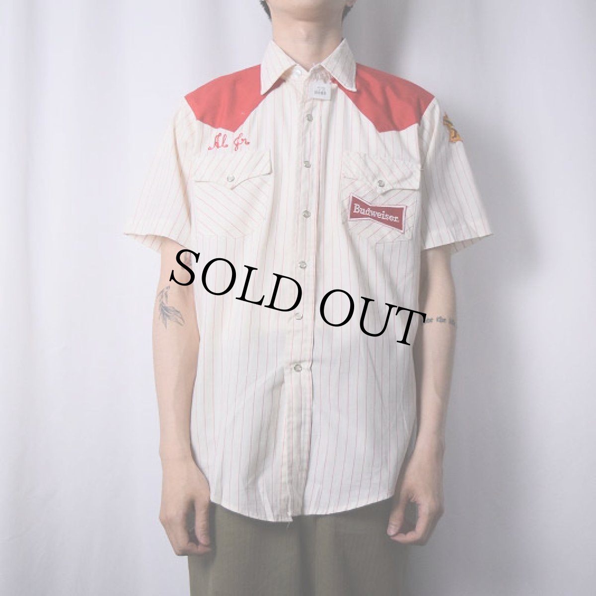 画像3: 80's Budweiser USA製 チェーン刺繍×パッチ付き ストライプ柄 ウエスタンシャツ 15-15 1/2 (3)