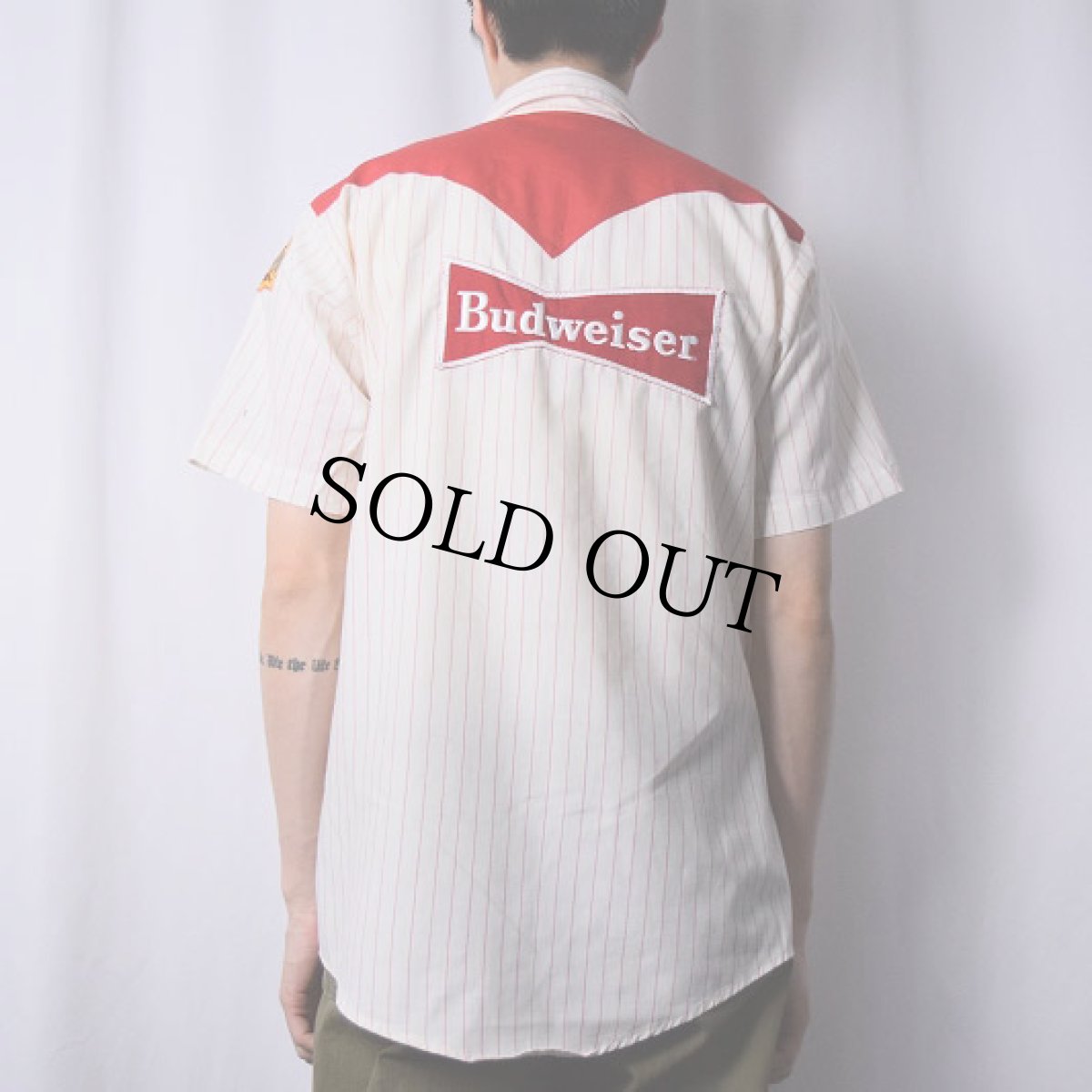 画像4: 80's Budweiser USA製 チェーン刺繍×パッチ付き ストライプ柄 ウエスタンシャツ 15-15 1/2 (4)