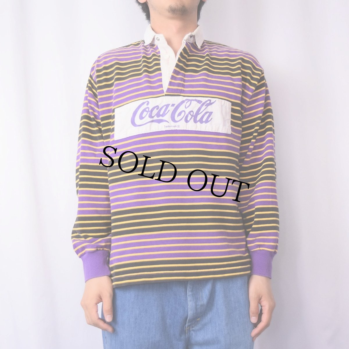 画像2: 80's Coca-Cola マルチボーダー柄 ロゴプリント ラガーシャツ (2)