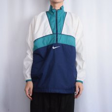 画像2: 90〜2000's NIKE ロゴ刺繍 切り替えデザイン ナイロンプルオーバージャケット NAVY×GREEN  L (2)