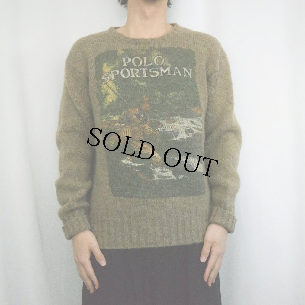 画像2: 80〜90's POLO COUNTRY Ralph Lauren USA製 "POLO SPORTSMAN" プリント ウールニットセーター KHAKI L (2)