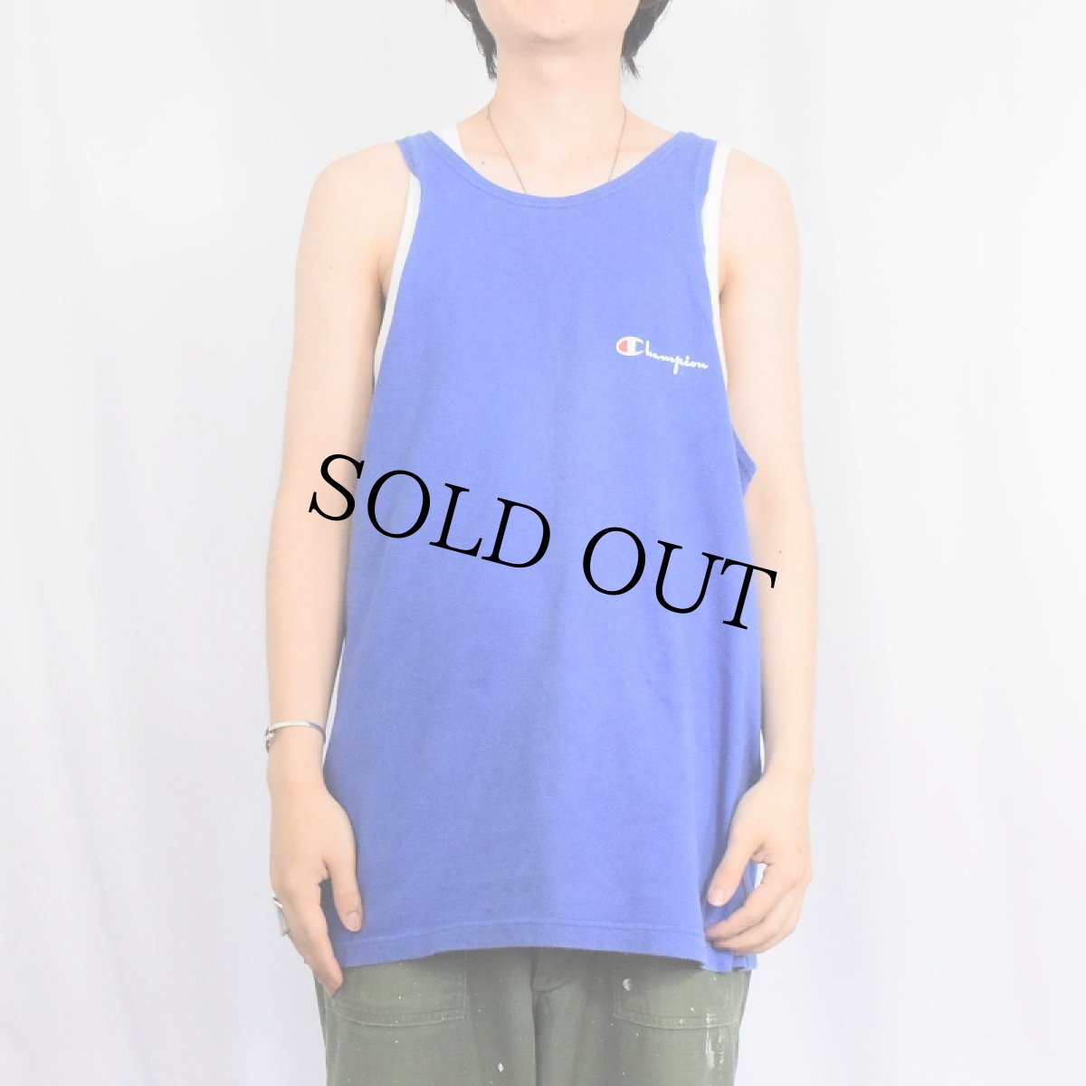 画像2: 80〜90's Champion USA製 青刺繍タグ 後期 ロゴプリントタンクトップ L (2)