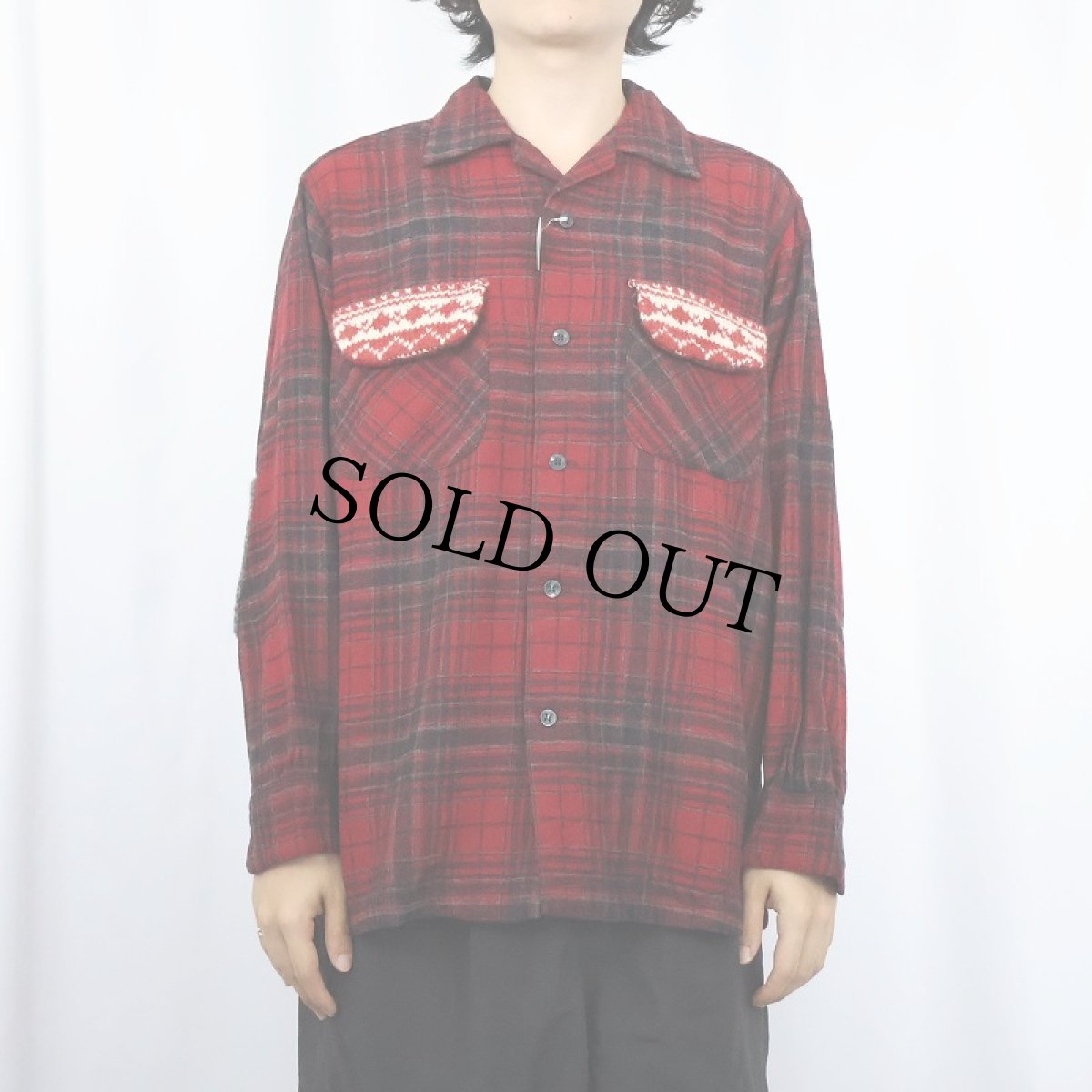 画像2: 60's PENDLETON チェック柄 ニット切り替え ウールオープンカラーシャツ M (2)