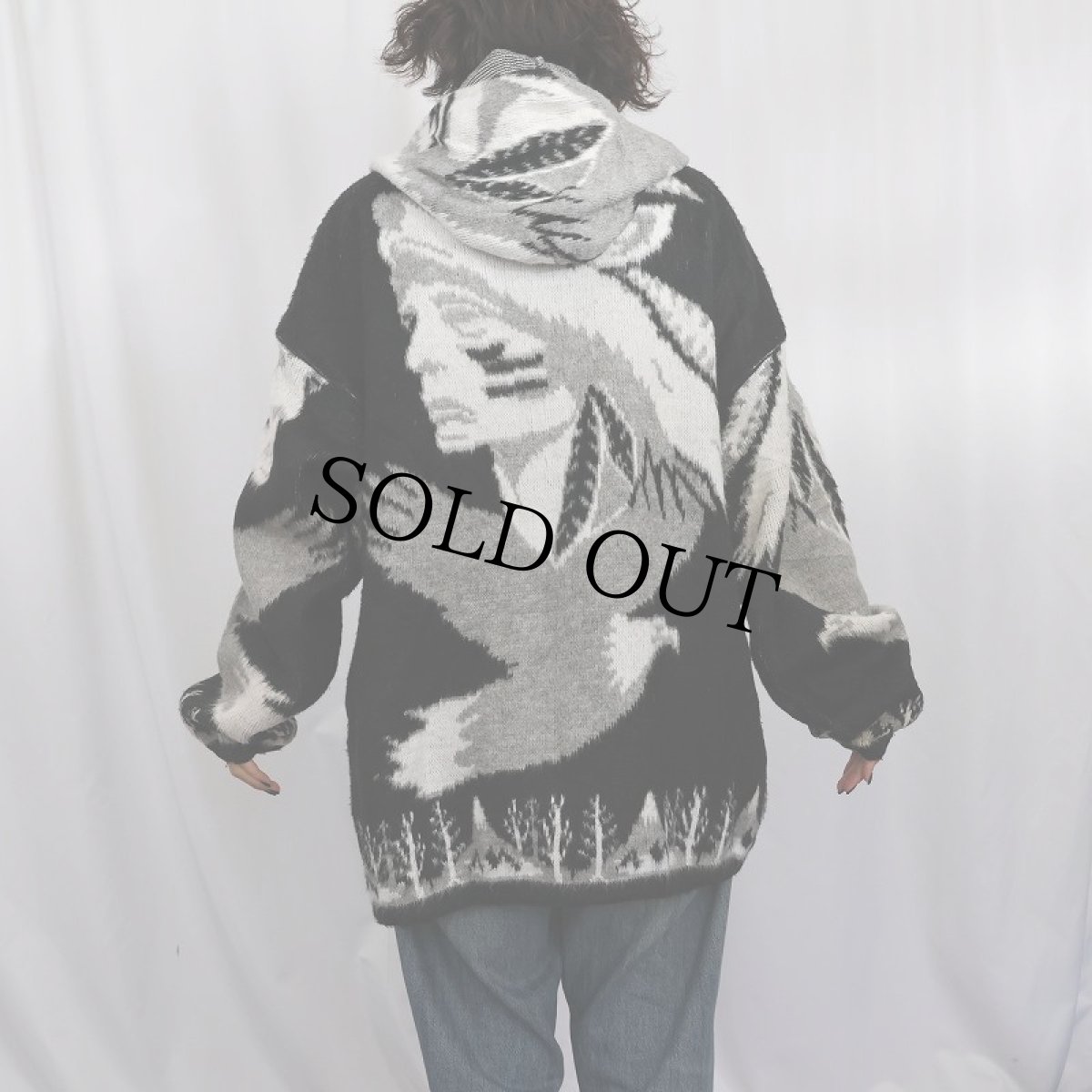 画像3: ARTESANIAS TUN TAQUIMBA ECUADOR製 インディアンヘッド柄 シャギーニットジップパーカー BLACK XL (3)