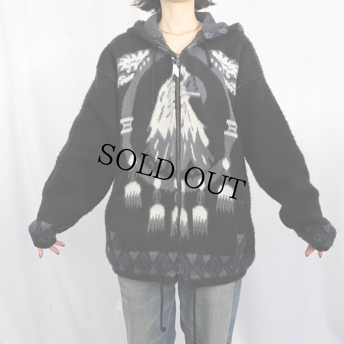 画像2: 【SALE】 TEJIDOS RUMINAHUI イーグル柄 シャギーニットジップパーカー BLACK L (2)