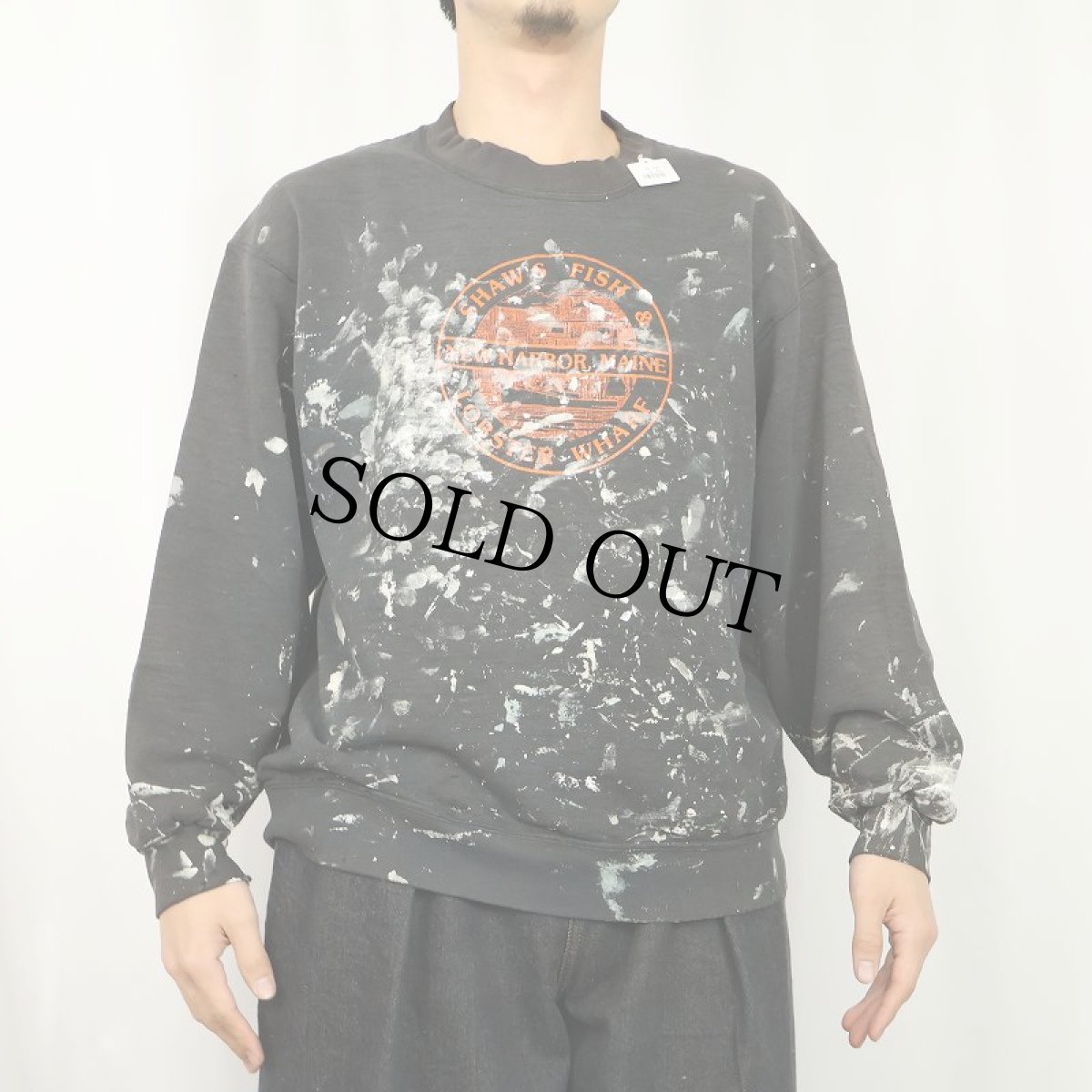 画像2: "SHAW'S FISH & LOBSTER WHARF" ペンキペイント プリントスウェット BLACK L (2)