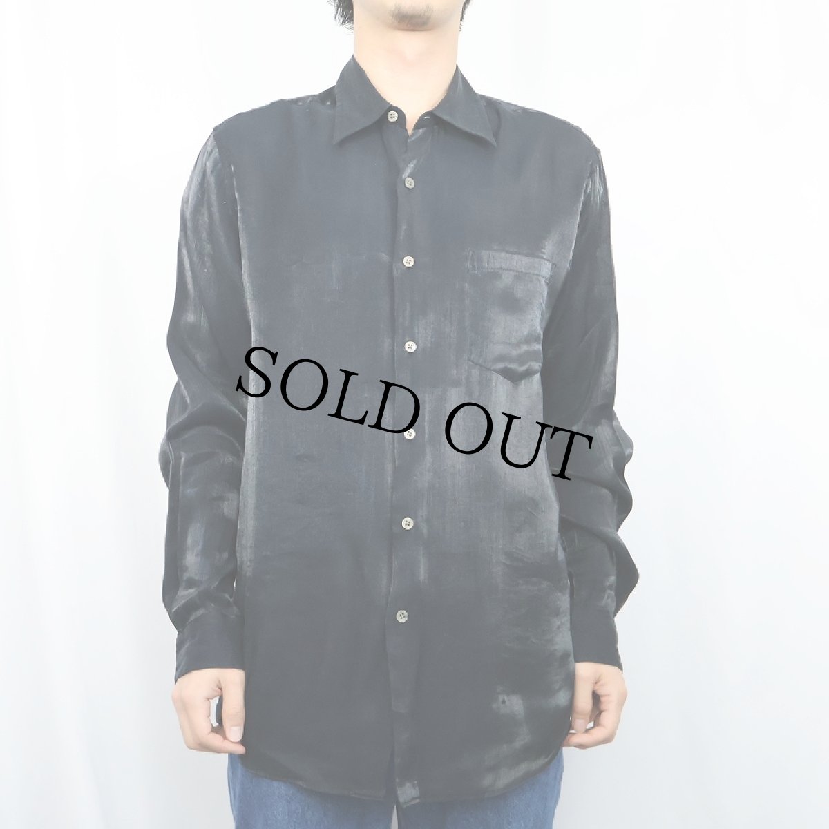画像2: ARMANI EXCHANGE シャイニー レーヨン混 シャツ M BLACK  (2)