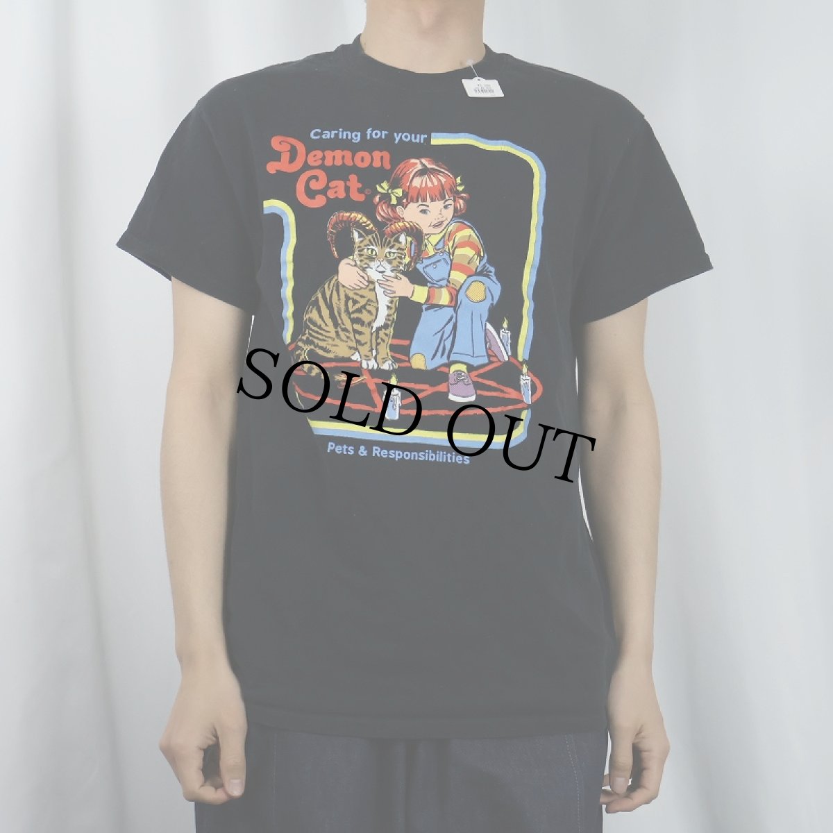 画像2: Steven Rhodes "Demon Cat" イラストプリントTシャツ BLACK M (2)