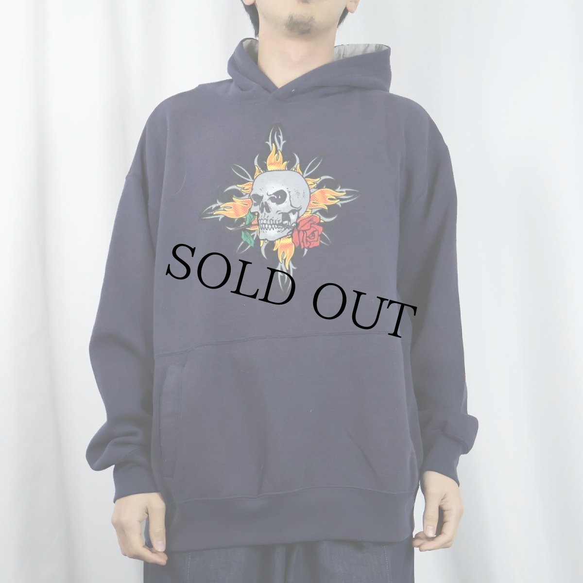 画像2: 90's〜 no boundaries スカルプリント スウェットフーディー NAVY L (2)