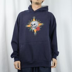 画像2: 90's〜 no boundaries スカルプリント スウェットフーディー NAVY L (2)